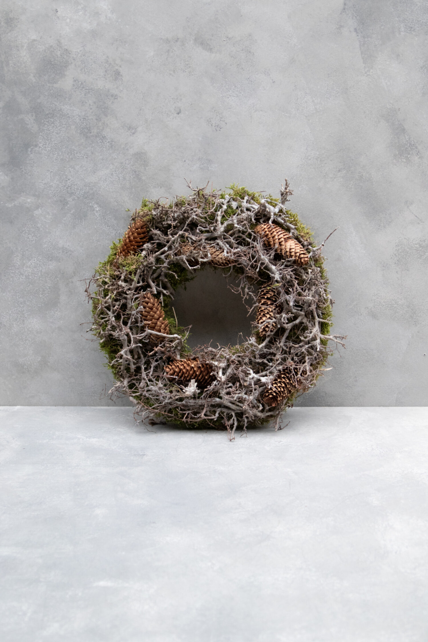 Bonsai moss wreath with cone